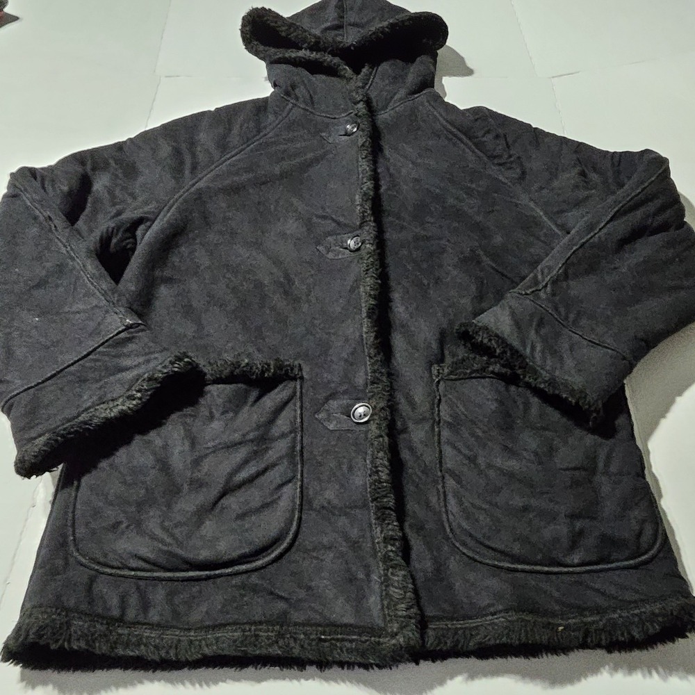 Larry Levine Sport Black Hooded Coat Faux Fur Lined Softshell Jacket Womens XS